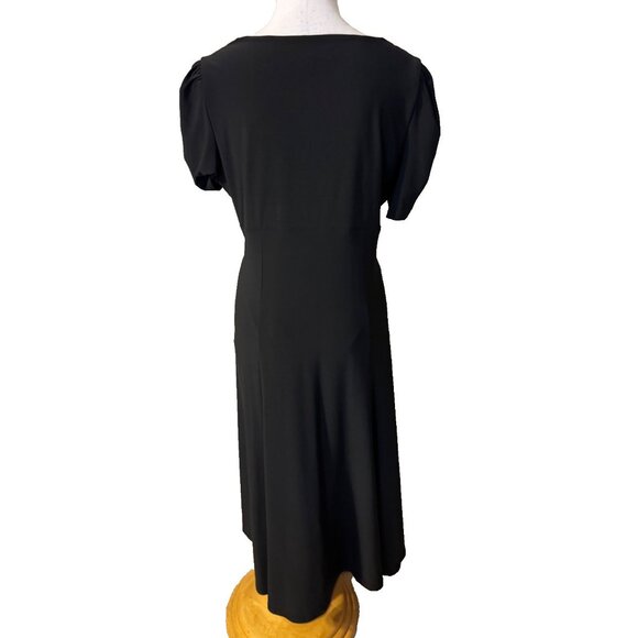 Jones NY Black Midi Dress 16 A Line Jersey Stretch Short Ruched Sleeve NEW - Picture 2 of 13
